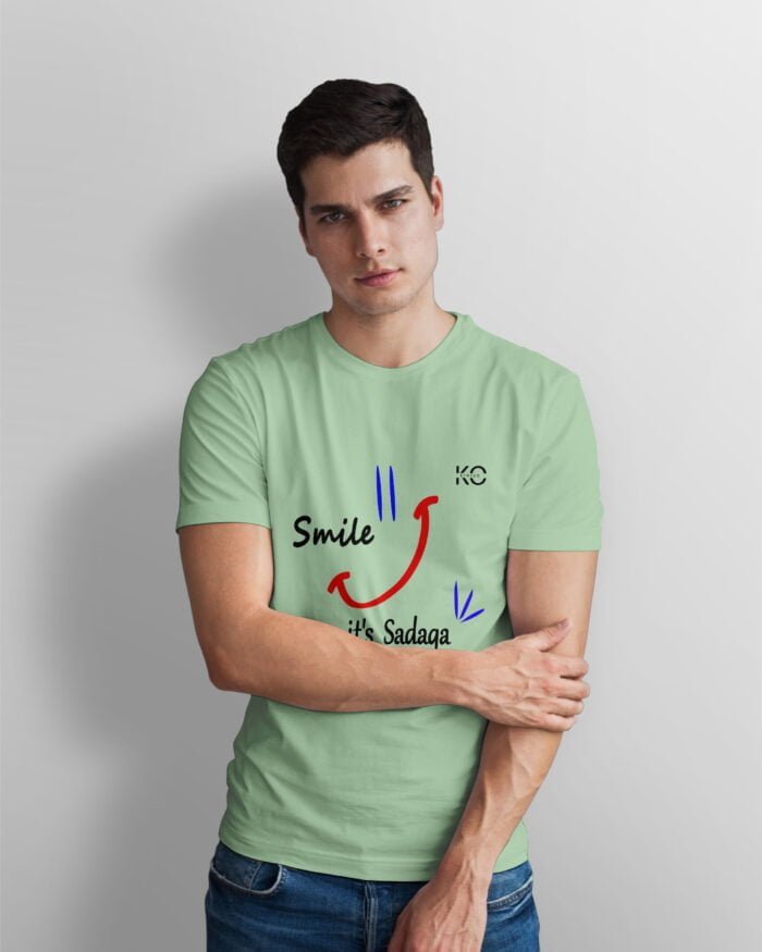 Image of Half Sleeve Round Neck Pastel Green T-Shirt for Men - Islamic - Smile its Sadaqa