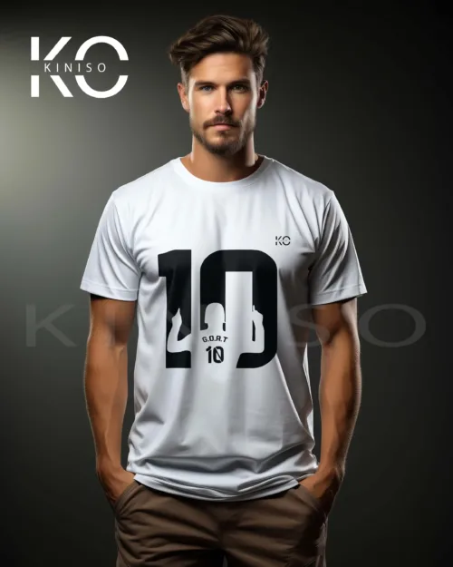 Image of White Color Messi G.O.A.T Half Sleeve Crew Neck T-Shirt for Men in Bangladesh By KINISO