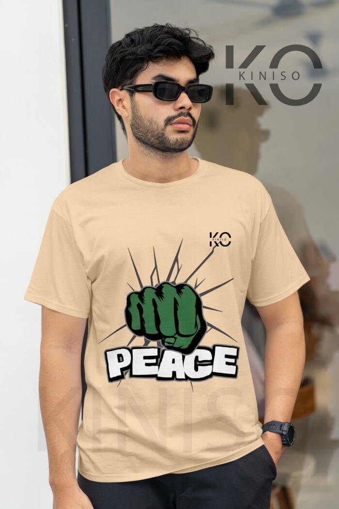 Image of Kiniso Half Sleeve Round Neck Biscuit T-Shirt for Men - Peace