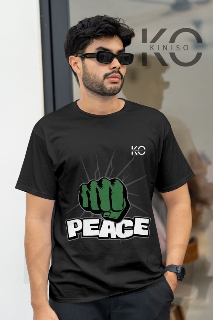 Image of Kiniso Half Sleeve Round Neck Black T-Shirt for Men - Peace