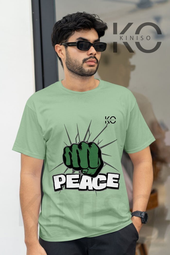 Image of Kiniso Half Sleeve Round Neck Pastel Green T-Shirt for Men - Peace