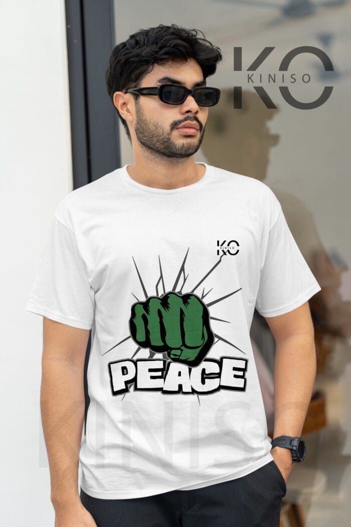 Image of Kiniso Half Sleeve Round Neck White T-Shirt for Men - Peace