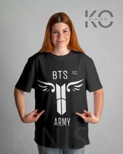 BTS Fan Apparel for ARMY Tshirt - Angel Wings wearing by a women