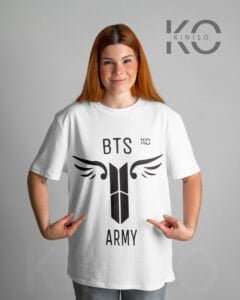 BTS Fan Apparel for ARMY Tshirt - Angel Wings wearing by a women