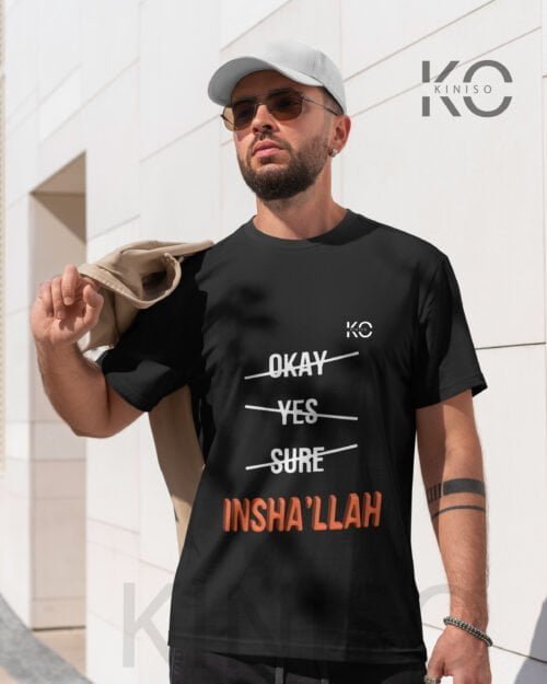 Image of Half Sleeve Round Neck Black T-Shirt for Men - Islamic - InshAllah