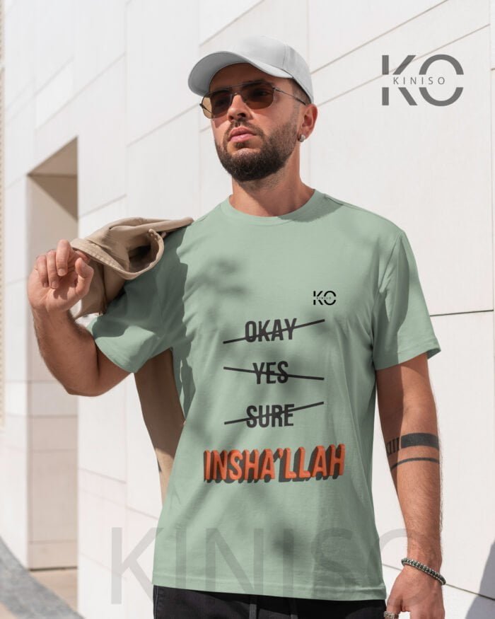 Image of Half Sleeve Round Neck Pastel Green T-Shirt for Men - Islamic - InshAllah