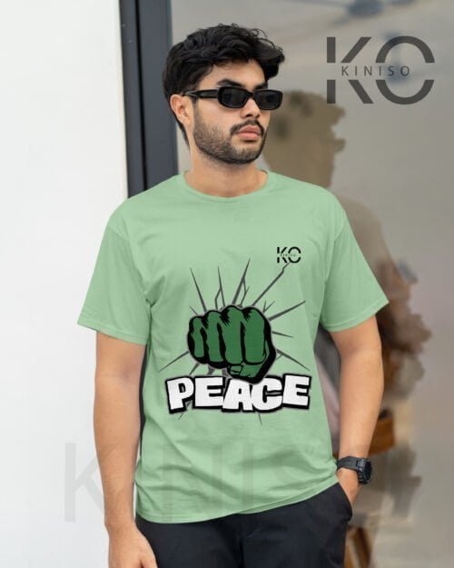 Image of Half Sleeve Round Neck Pastel Green T-Shirt for Men - Peace