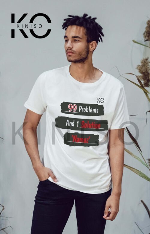 Image of Half Sleeve Round Neck White T-Shirt for Men Islamic 99 Problems