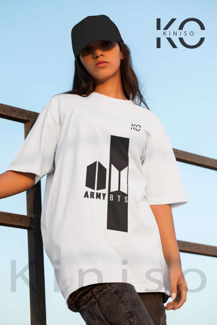 Image of Round Neck White Drop Shoulder T-Shirt for Women- BTS - Army BTS