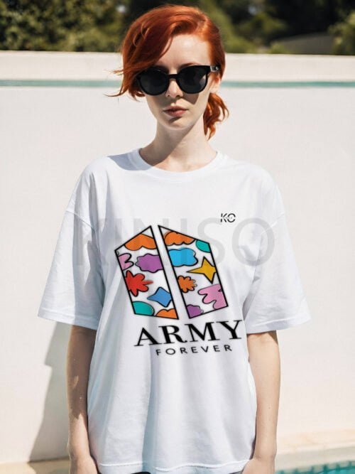 Image of Round Neck White Drop Shoulder T-Shirt for Women - BTS - Army Forever