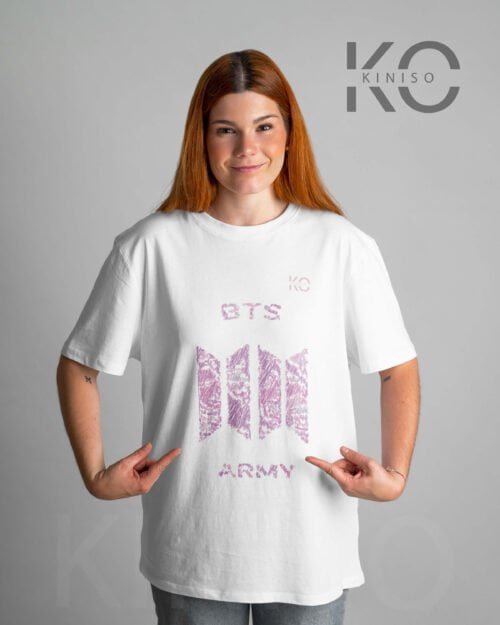 Image of Round Neck White Drop Shoulder T-Shirt for Women - BTS - BTS Army Double EPS