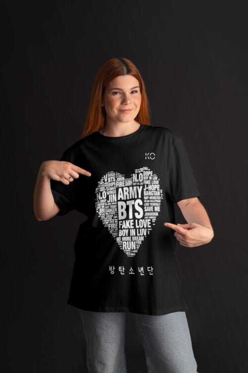 Image of Round Neck Black Drop Shoulder T-Shirt for Women - BTS - BTS Army Heart