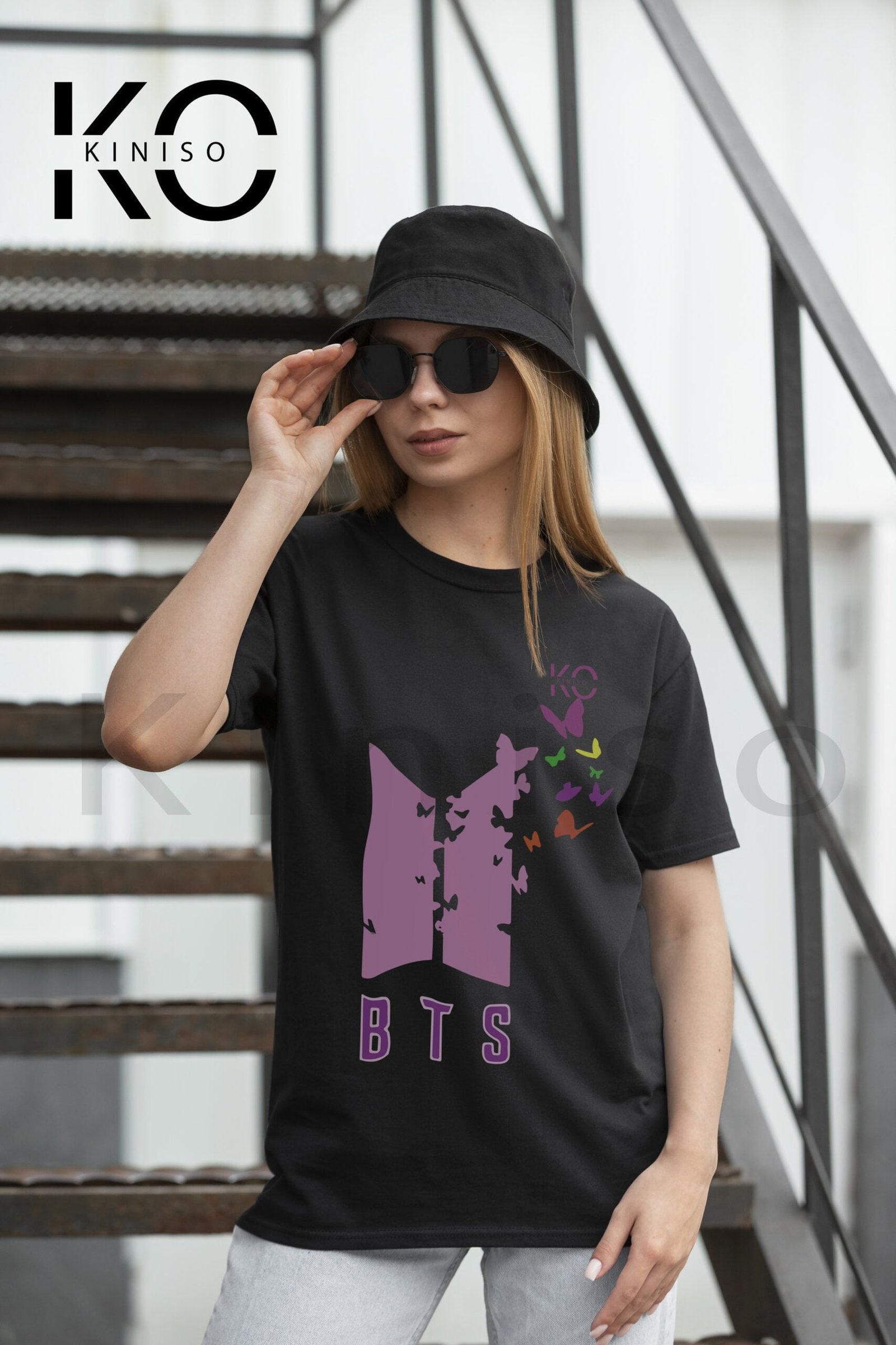 BTS Logo Butterfly Tee wearing by women in sunglass