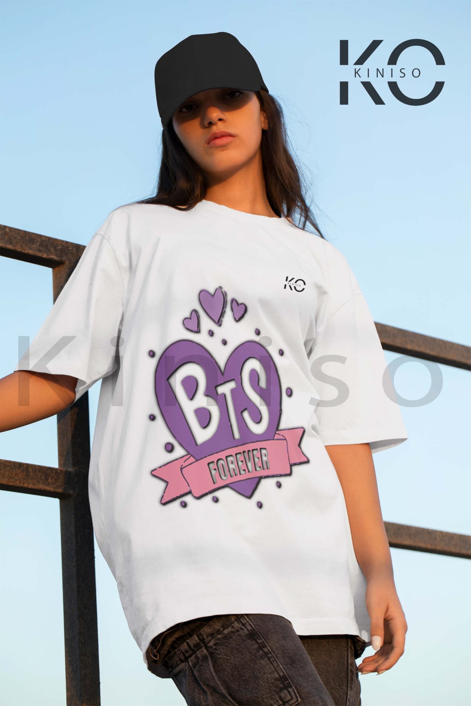 Image of Round Neck White Drop Shoulder T-Shirt for Women - BTS - BTS FOREVER