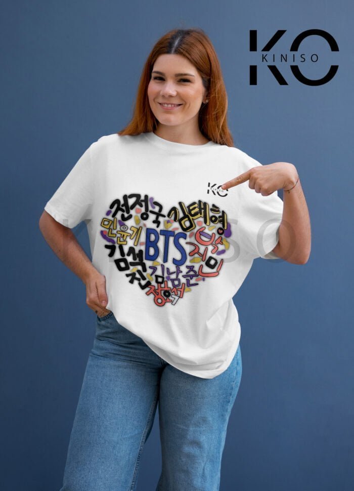 Image of Round Neck White Drop Shoulder T-Shirt for Women - BTS - BTS HEART KOREAN