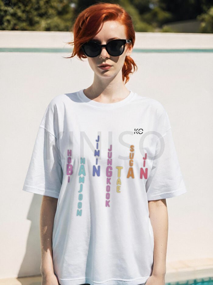 Image of Round Neck White Drop Shoulder T-Shirt for Women - BTS - Bangtan