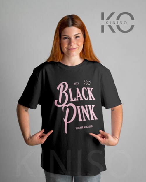 Image of Drop Shoulder Round Neck T-Shirt for Women - Black Pink