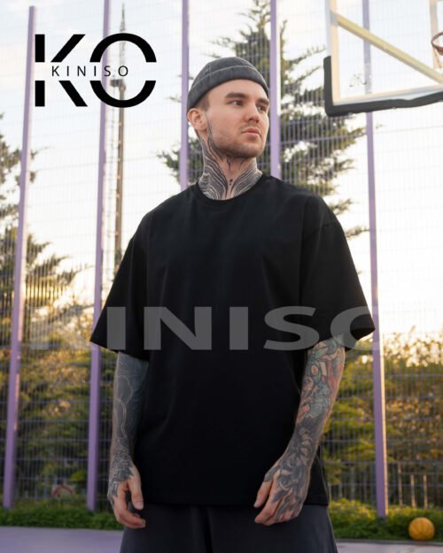 Imge of Kiniso Crew Neck Solid Black Color Oversized Tee-Shirt for Boys front