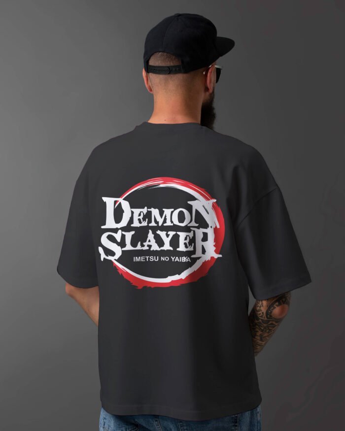 Image of Drop Shoulder Round Neck Black T-Shirt - Demon Slayer Back