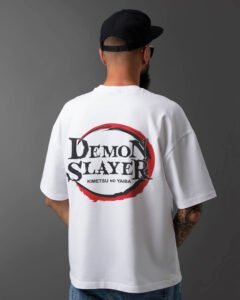 Image of Drop Shoulder Round Neck White T-Shirt - Demon Slayer Back