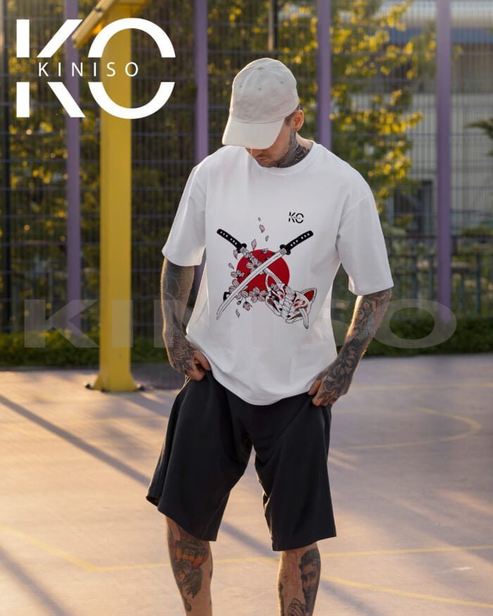 Image of Kiniso White Demon Slayer - Double Sword T-Shirt for Men Front Side