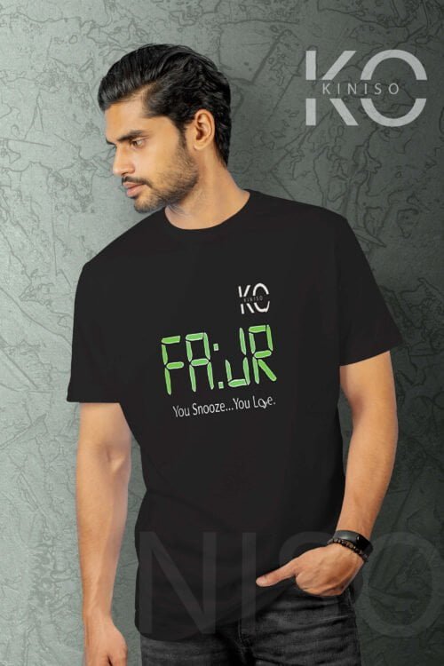 Image of Half Sleeve Round Neck Black T-Shirt for Men Islamic Fajr You Snooz