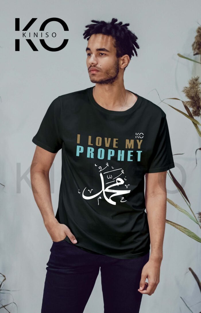 Image of Half Sleeve Round Neck Black T-Shirt for Men Islamic I Love Prophet