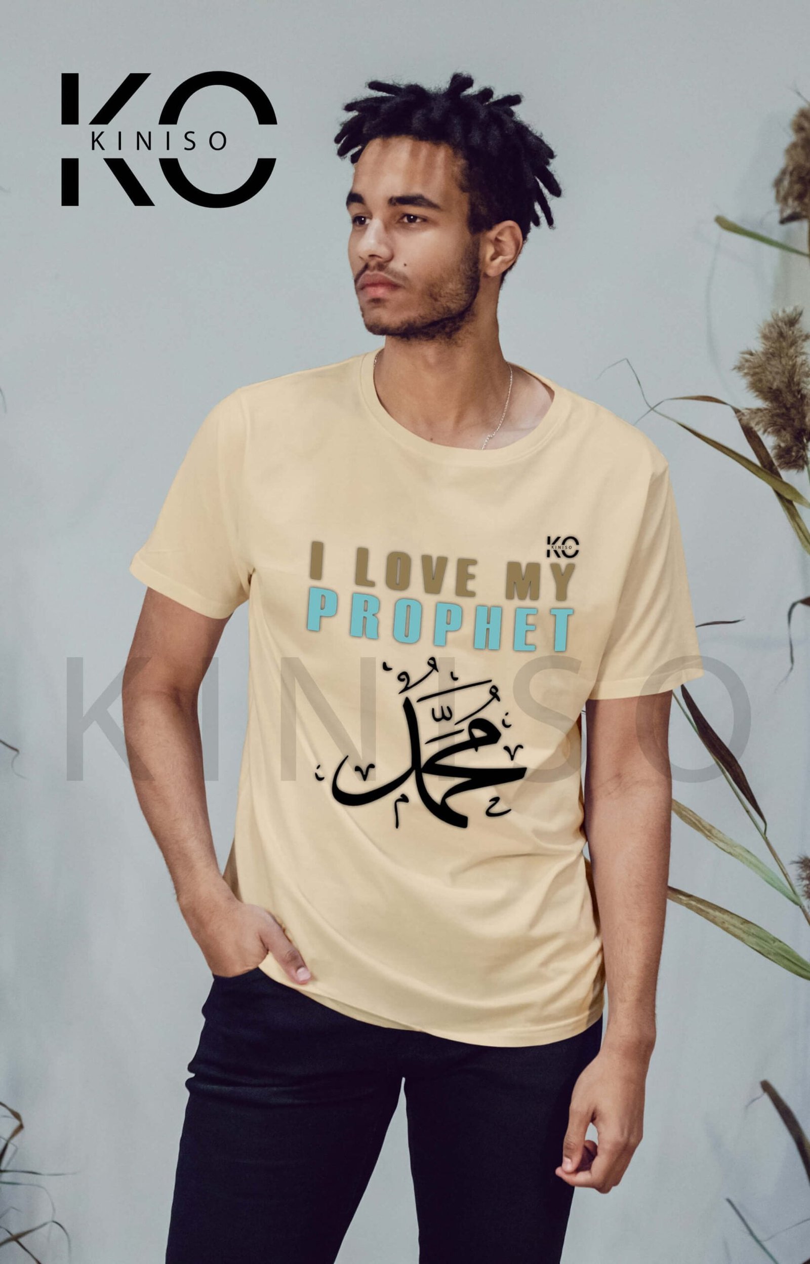 Image of Half Sleeve Round Neck Biscuit T-Shirt for Men Islamic I Love Prophet