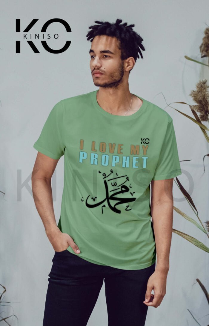 Image of Half Sleeve Round Neck Pastel Green T-Shirt for Men Islamic I Love Prophet