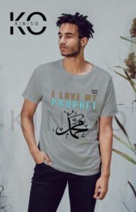 Image of Half Sleeve Round Neck Grey T-Shirt for Muslim Men Islamic I Love Prophet