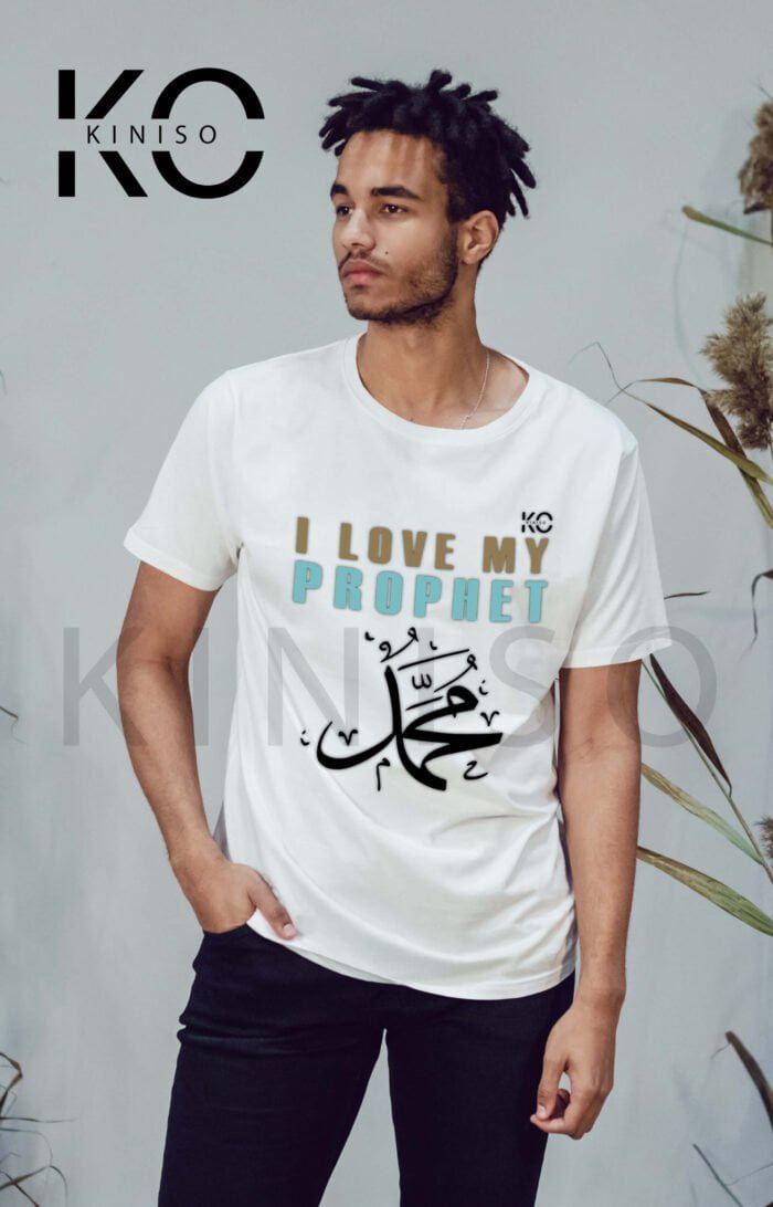 Image of Half Sleeve Round Neck White T-Shirt for Men Islamic I Love Prophet