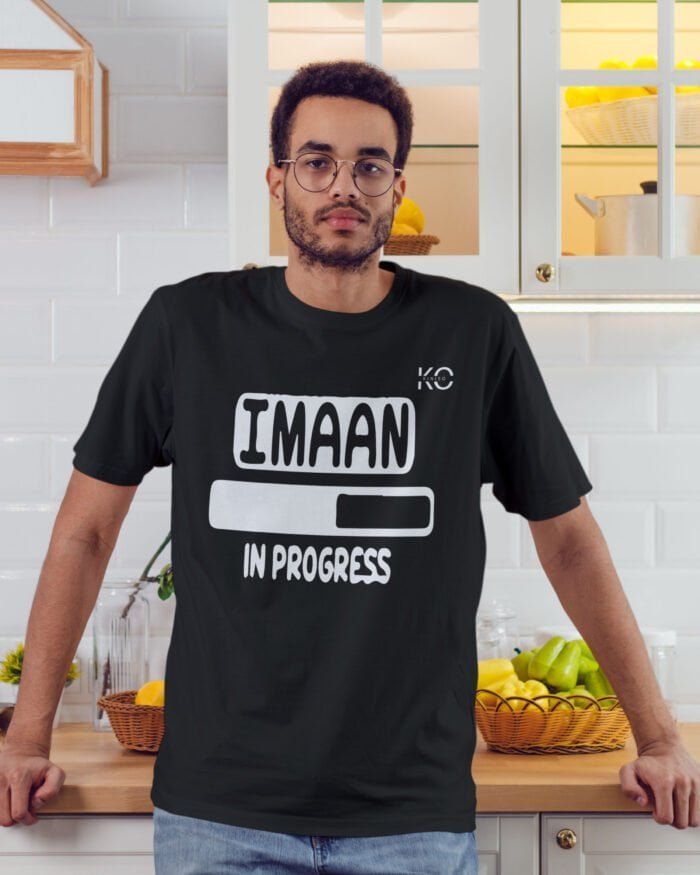 Image of Half Sleeve Round Neck Black T-Shirt for Men Islamic Iman in Progress