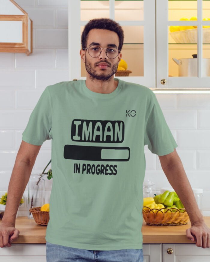 Image of Half Sleeve Round Neck Pastel Green T-Shirt for Men Islamic Iman in Progress