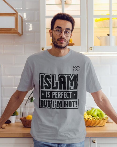 Image of Half Sleeve Round Neck Grey T-Shirt for Men Islamic Islam Is Perfect