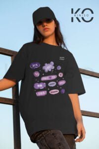 Image of Round Neck Black Drop Shoulder T-Shirt for Women - BTS - BTS Names Heart Leaves