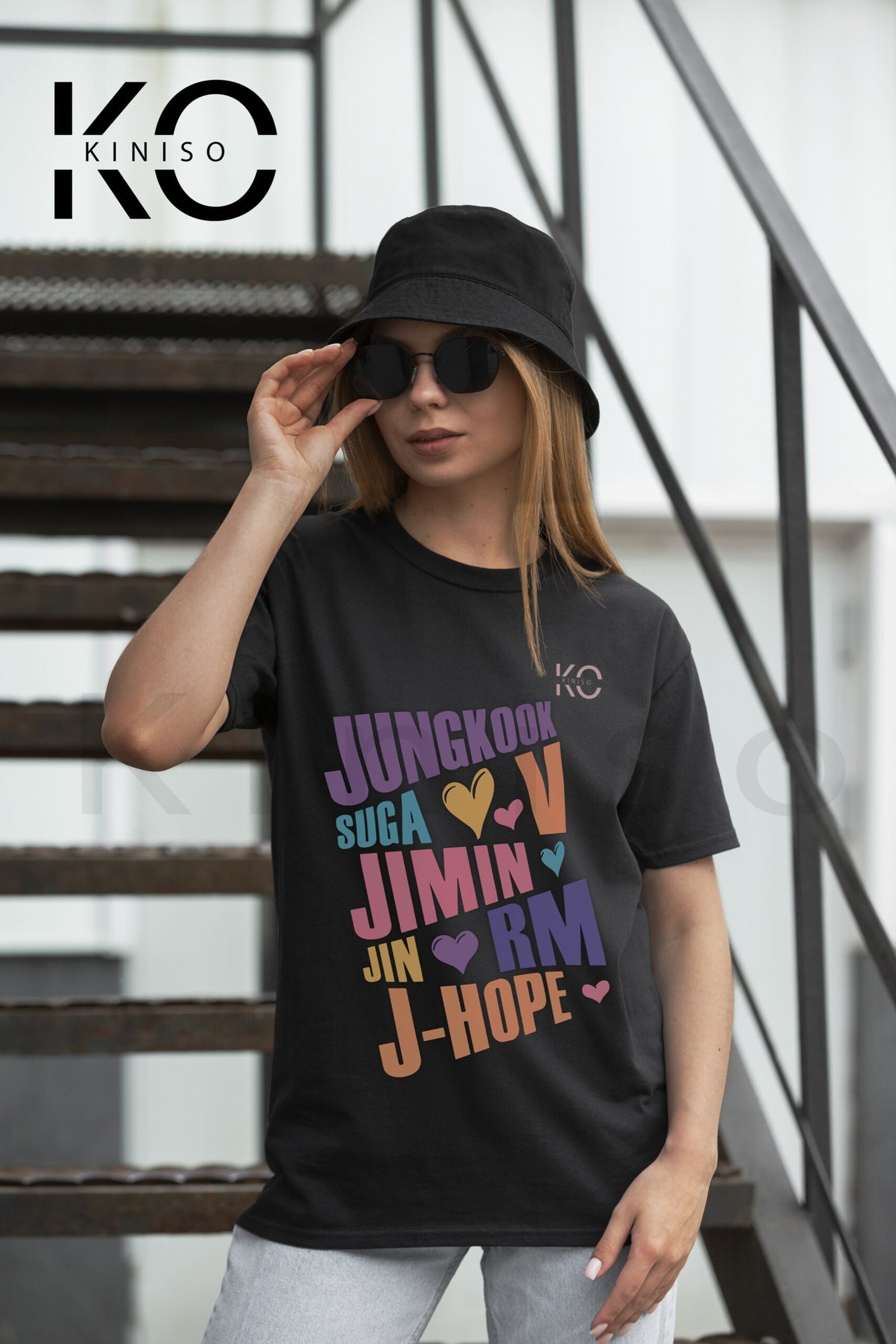 K-pop BTS T-shirt - Member Names wearing by a girl in Sunglass