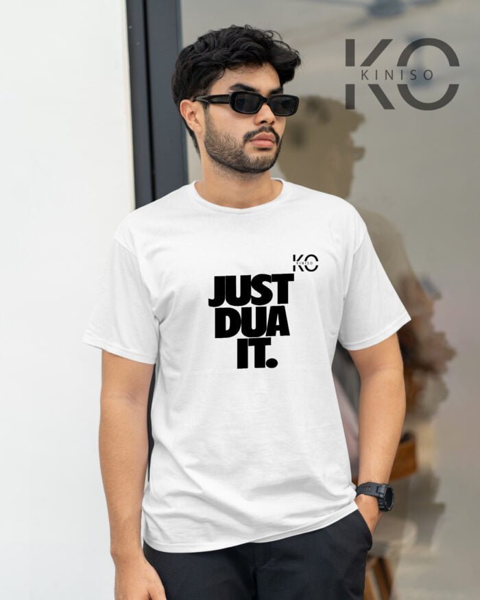 Image of Half Sleeve Round Neck White T-Shirt for Men Islamic Just Dua It