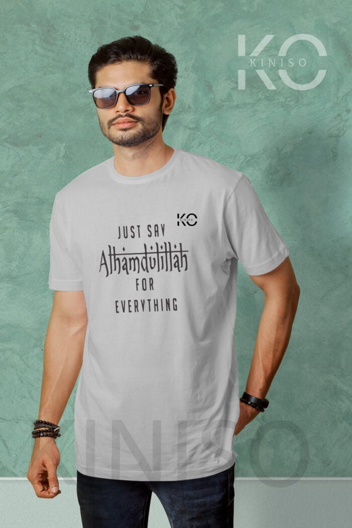 Image of Half Sleeve Round Neck Grey T-Shirt for Men Islamic Just Say Allhamdullilah