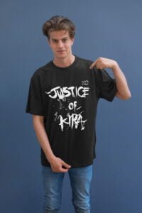 Death Note anime Tshirt lineup - Justice Of Kira wearing by a asian boy black color 