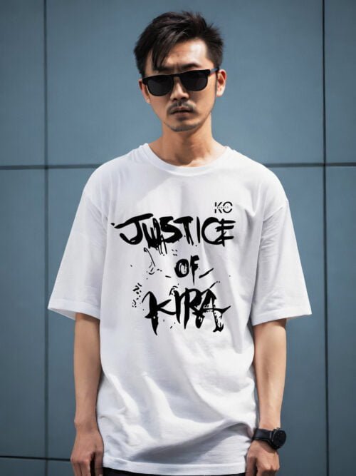 Death Note anime Tshirt lineup - Justice Of Kira wearing by a asian boy