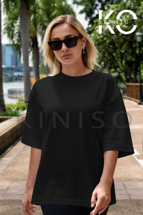 Image of Kiniso Crew Neck Black Non Printed Drop Shoulder T-Shirt for Women Front