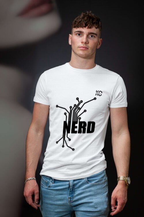 Image of KINISO - Engineer Nerd Tee for men - White Nerd Printed Half Sleeve Streetwear