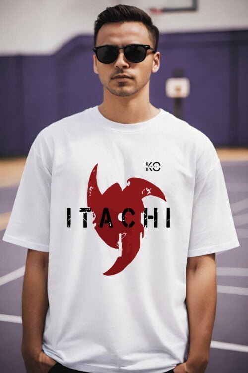 Image of Kiniso white color Drop Shoulder Anime T-Shirt with Itachi Uchiha print for Naruto Manga fans