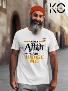 Image of Half Sleeve Round Neck White T-Shirt for Men Islamic Only Allah Can Judge Me for modest men