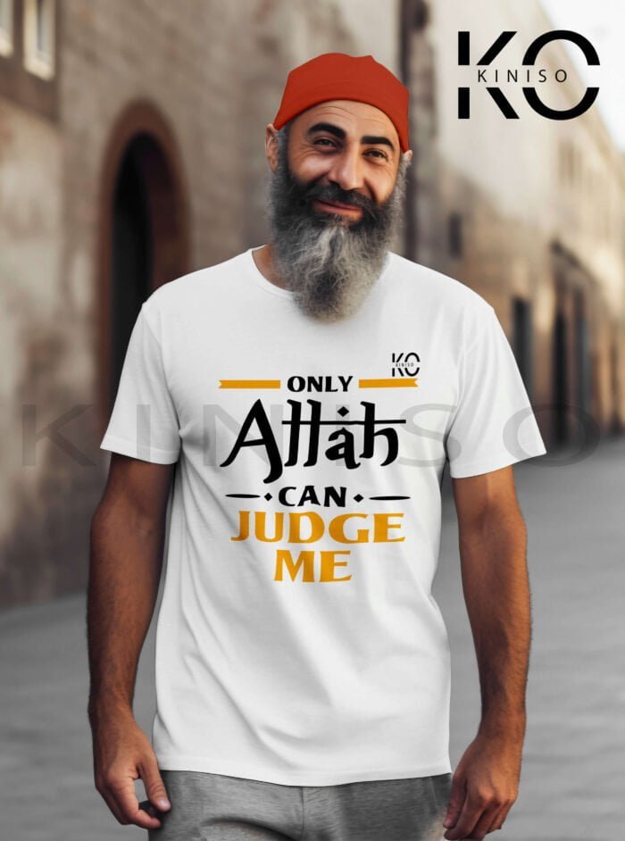 Image of Half Sleeve Round Neck White T-Shirt for Men Islamic Only Allah Can Judge Me