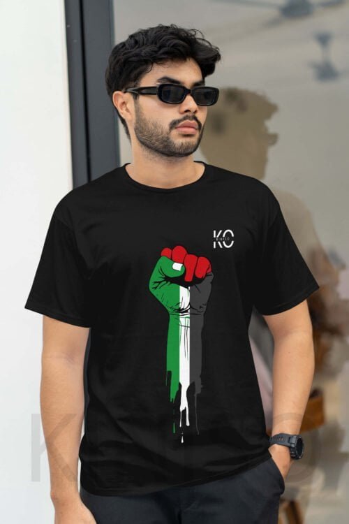 Image of Half Sleeve Round Neck Black T-Shirt for Men Islamic Palestine