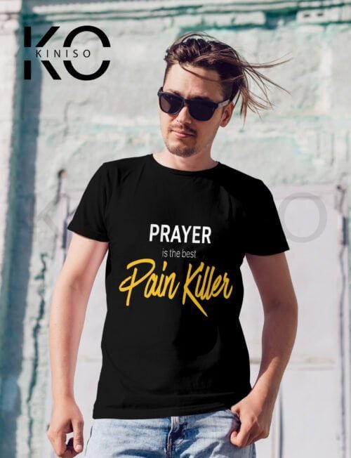 Image of Half Sleeve Round Neck Black T-Shirt for Men Islamic Prayer Pain Killer