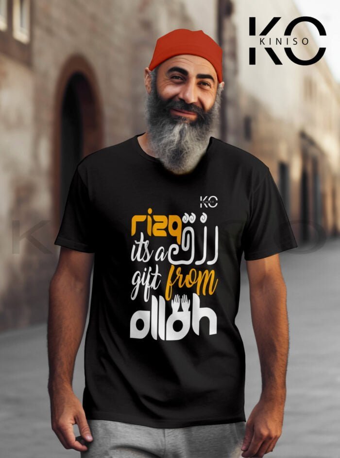 Image of Half Sleeve Round Neck Black T-Shirt for Men Islamic Rizq Is A Gift From Allah