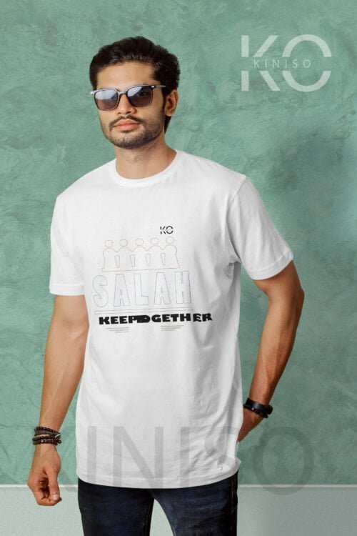 Image of Half Sleeve Round Neck White T-Shirt for Men Islamic Salah Keeps Together