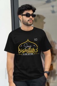 Image of Half Sleeve Round Neck Black T-Shirt for Men Islamic Say Bismillah